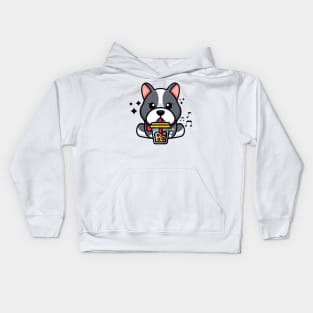 Cute bulldog drinking boba milk tea cartoon Kids Hoodie